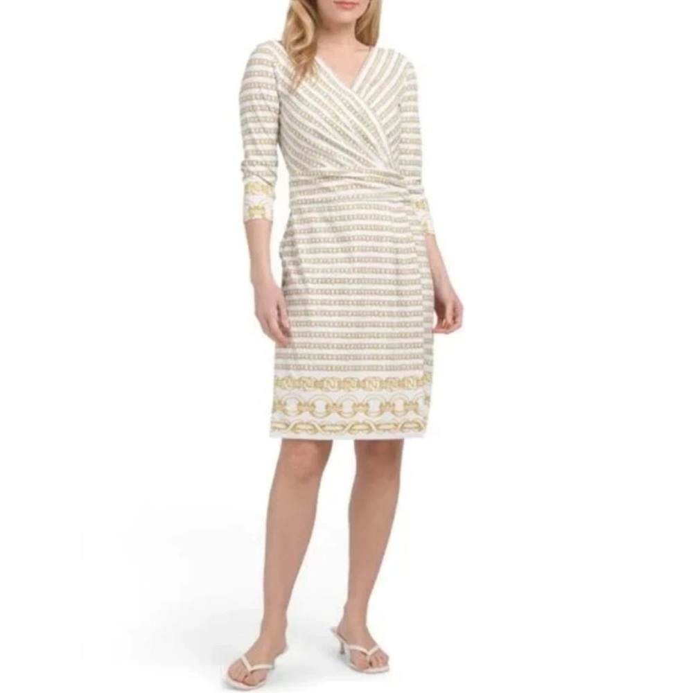 J. McLaughlin nwt Brea wrap gold optic link chain print white stretchy dress - Picture 9 of 9
